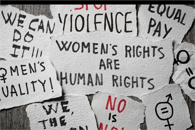 [ai] A collection of handwritten signs on textured paper, with phrases advocating for women's rights, such as "Women's Rights Are Human Rights," "Equal Pay," and "No Is No," among others.